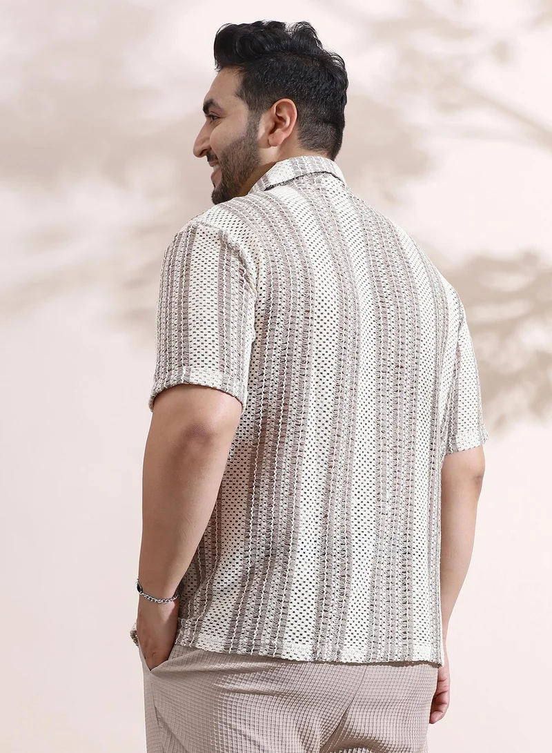 Instafab Plus  Men's Off-White & Brown Striped Open-Knit Relaxed Shirt For Casual Wear | Spread Collar | Short Sleeves | Button Closure | Plus Size Shirt Crafted With Comfort Fit For Everyday Wear for Men | Best Price UAE