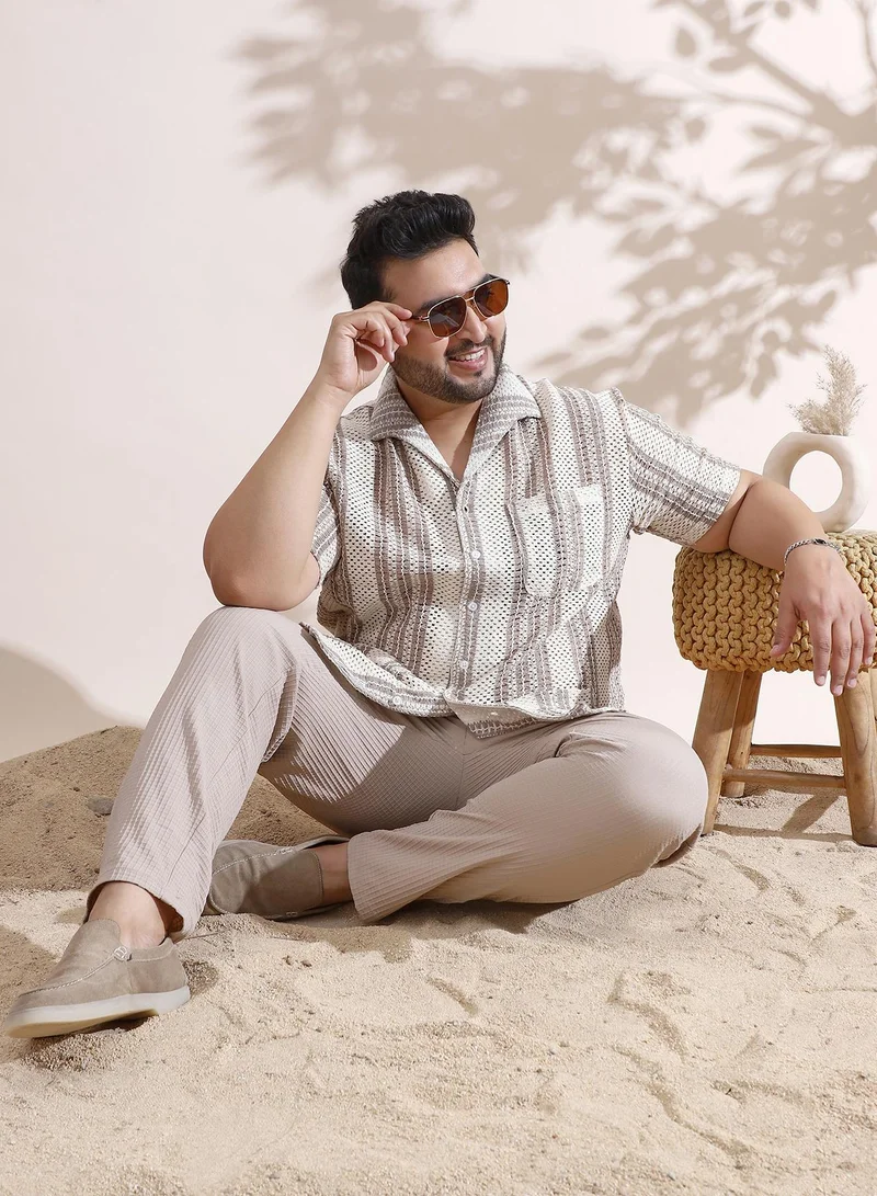 Instafab Plus  Men's Off-White & Brown Striped Open-Knit Relaxed Shirt For Casual Wear | Spread Collar | Short Sleeves | Button Closure | Plus Size Shirt Crafted With Comfort Fit For Everyday Wear for Men | Best Price UAE