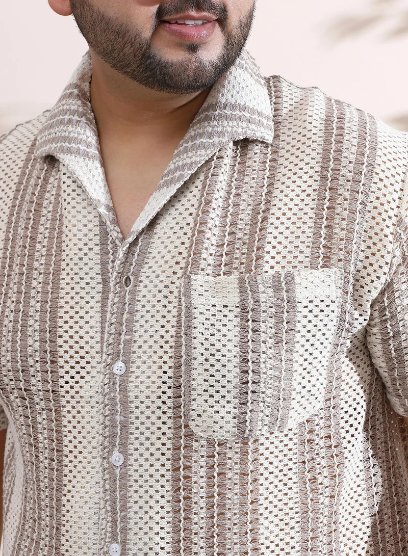 Instafab Plus  Men's Off-White & Brown Striped Open-Knit Relaxed Shirt For Casual Wear | Spread Collar | Short Sleeves | Button Closure | Plus Size Shirt Crafted With Comfort Fit For Everyday Wear for Men | Best Price UAE