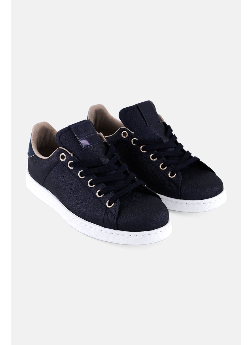 Victoria - Women Lace Up Casual Shoes, Navy - Image 1