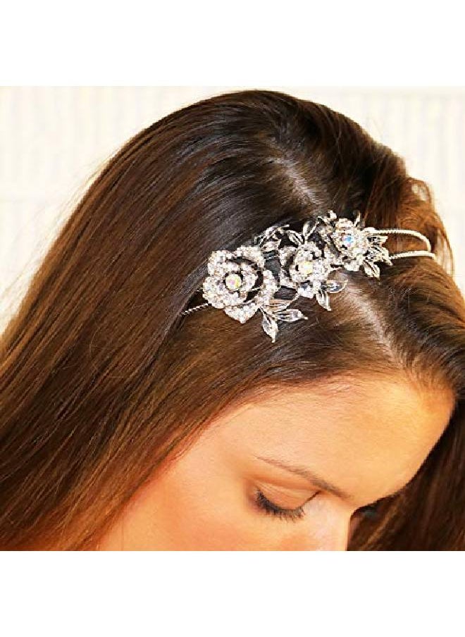 Rosemarie Collections - Women'S Stunning Split Double Row Burnished Silver Tone Detailed Rose Flower Ab Crystal Rhinestone Statement Fashion Bridal Headband - Image 1