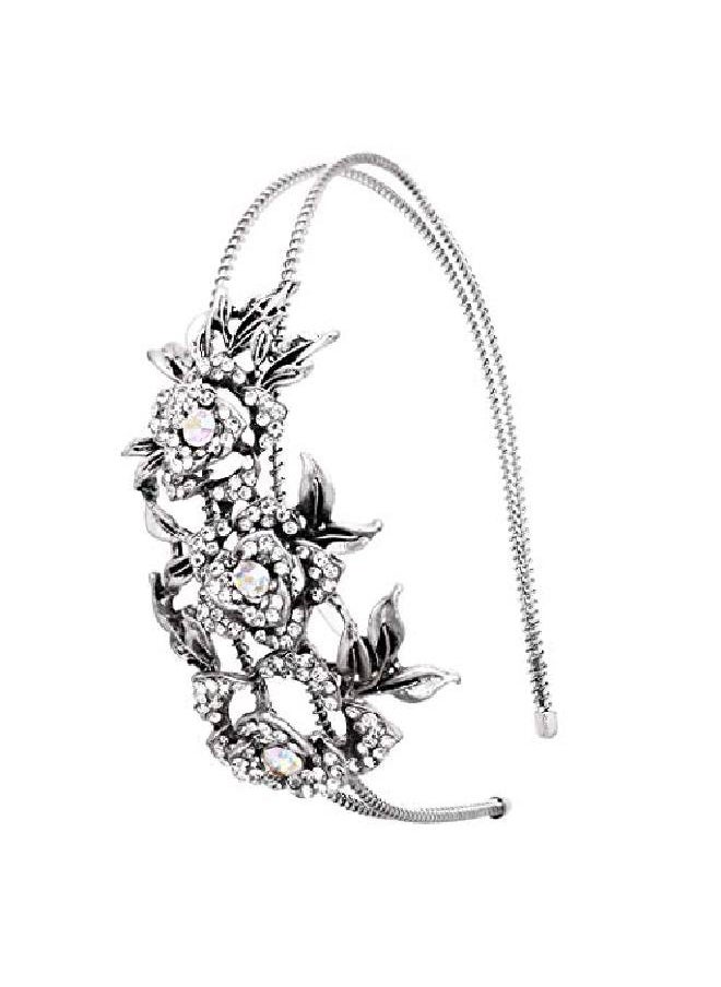 Rosemarie Collections - Women'S Stunning Split Double Row Burnished Silver Tone Detailed Rose Flower Ab Crystal Rhinestone Statement Fashion Bridal Headband - Image 1