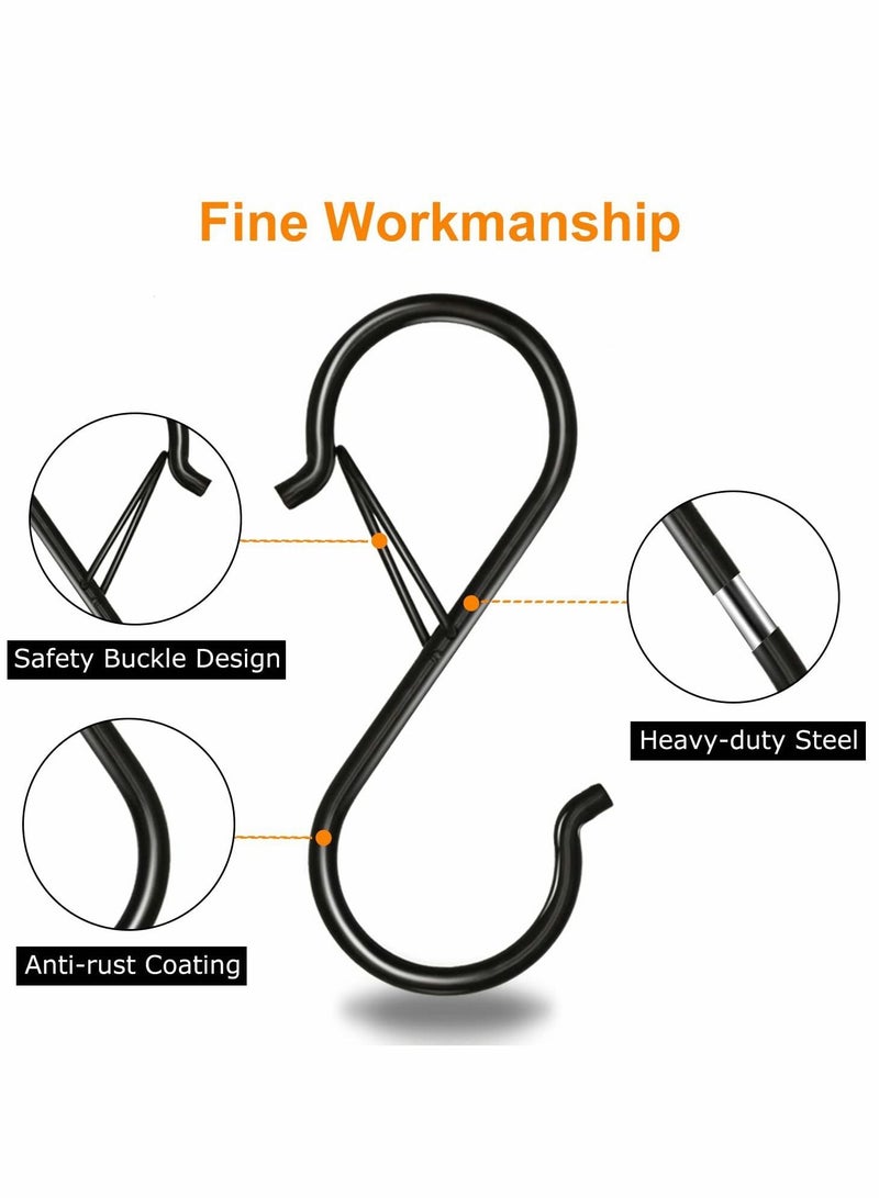 S Hooks for Hanging, Heavy Duty S Hooks with Safety Buckle S Shaped Hooks Kitchen Pot Rack Hooks Closet Hooks for Hanging Plants, Clothes, Kitchen Utensil, Pots and Pans, Bags (8 Pack, Black) - Image 2