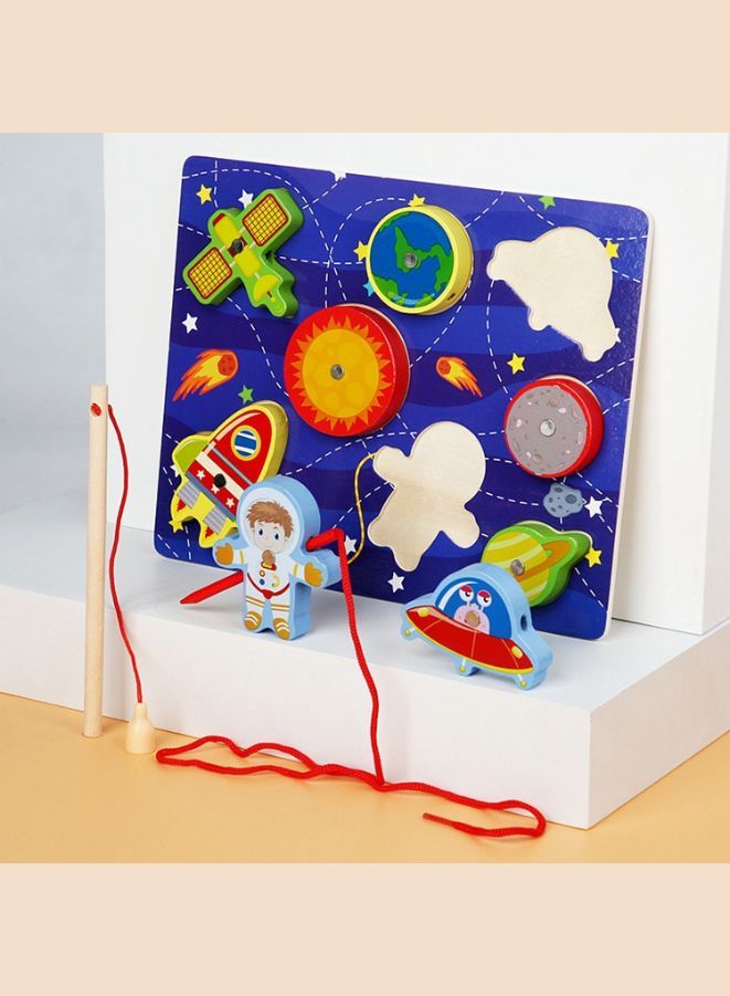 Wooden Magnetic Fishing Game Toys Set with Fish Rod, Cognition Fish Rod Toys Parent-child Interactive Early Educational Toy, Space - Image 1
