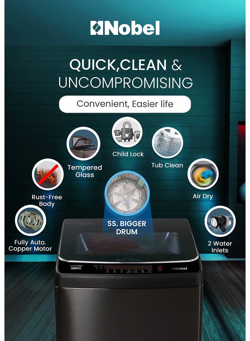 Nobel 20 KG Automatic Top Load Washer - Fully Automatic, Copper Motor, 8 Programs, Stainless Steel Tub, Digital Display, and More for Superior Cleaning Performance - 20 kg NWM2200 Black - Image 4