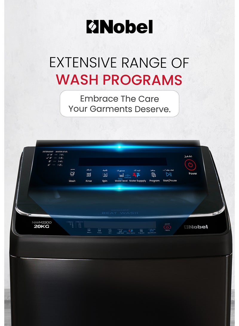 Nobel 20 KG Automatic Top Load Washer - Fully Automatic, Copper Motor, 8 Programs, Stainless Steel Tub, Digital Display, and More for Superior Cleaning Performance - 20 kg NWM2200 Black - Image 3