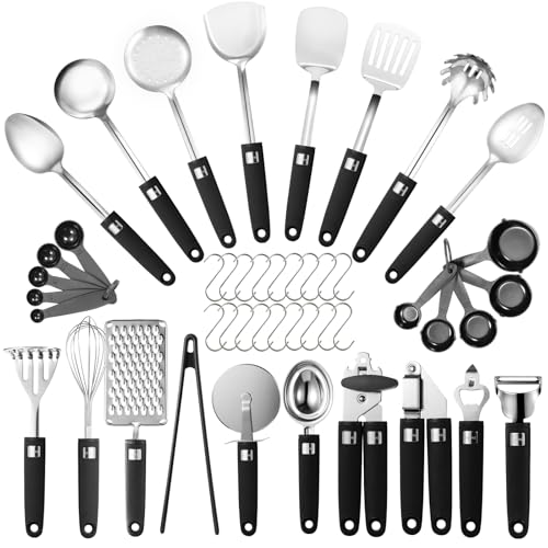 FITONE 46Pcs 18/8 Stainless Steel Kitchen Utensils Set, Stainless Steel Cooking Utensils, Complete Tools with Metal Kitchen Gadgets for Beginner Cooks, Apartment Dwellers, Homemakers, Dishwasher Safe - Image 1
