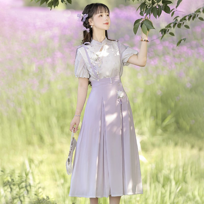 Original Design Iris Butterfly Hanfu Womens Chinese Style Improved Daily Chinese Element dress suit 6805 Shirt + suspenders + suspender skirt