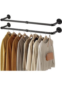 Wall Mounted Clothes Rack Industrial Clothing Hanger Rod 2 Pack Black Iron Pipe Hanging Clothing Bar Heavy Duty Garment Storage Rack Drying Rail for Bedroom Laundry Kitchen Closet