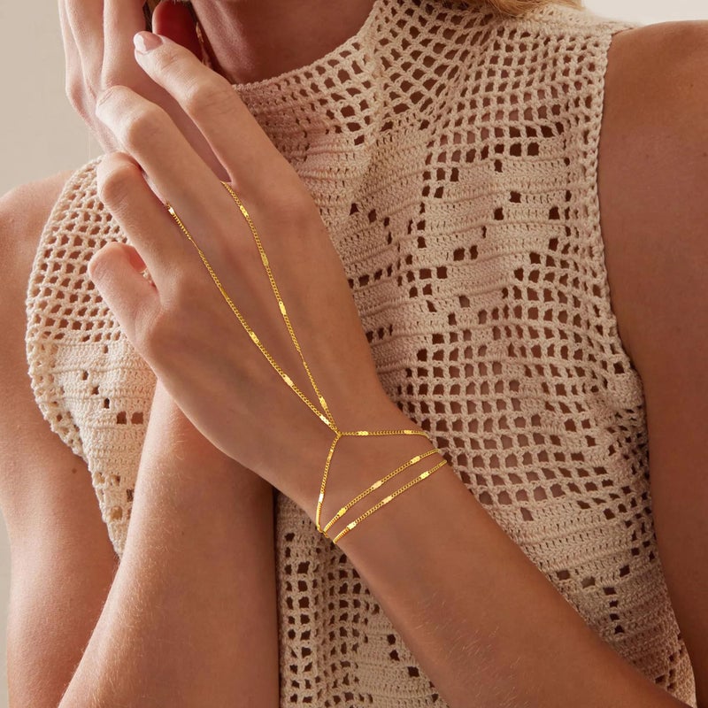 Yoosteel Hand Chain Bracelet for Women - Dainty 14K-Gold-Plated Finger Hand Chains Trendy Stackable Link Bracelets Layered Jewelry Gift for Women - Image 2