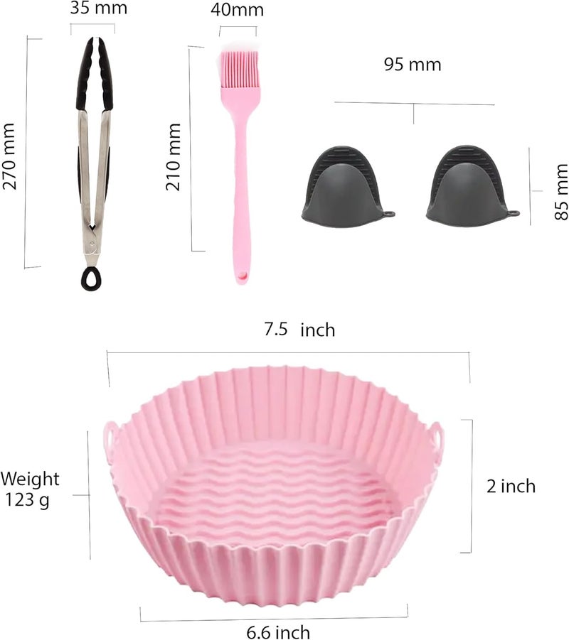 NISIXDEC Air Fryer Silicone Liners 2 PCS Round with Oven Mitts Basting Brush and a Pair of Tongs Reusable Silicone Molds Air Fryer Accessories Replacement of Parchment Paper 75 in Pink Grey - Image 2