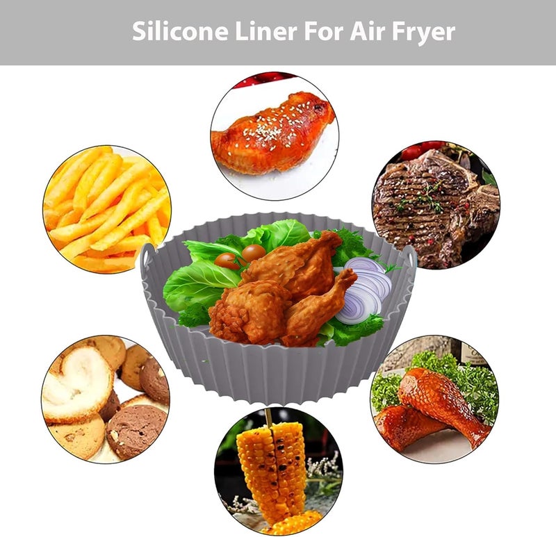 NISIXDEC Air Fryer Silicone Liners 2 PCS Round with Oven Mitts Basting Brush and a Pair of Tongs Reusable Silicone Molds Air Fryer Accessories Replacement of Parchment Paper 75 in Pink Grey - Image 4
