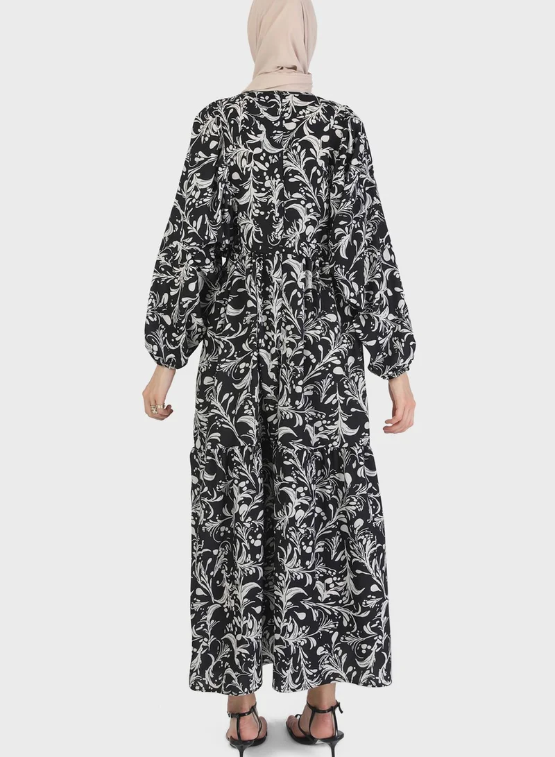 Refka by modanisa Balloon Sleeve Printed Dress