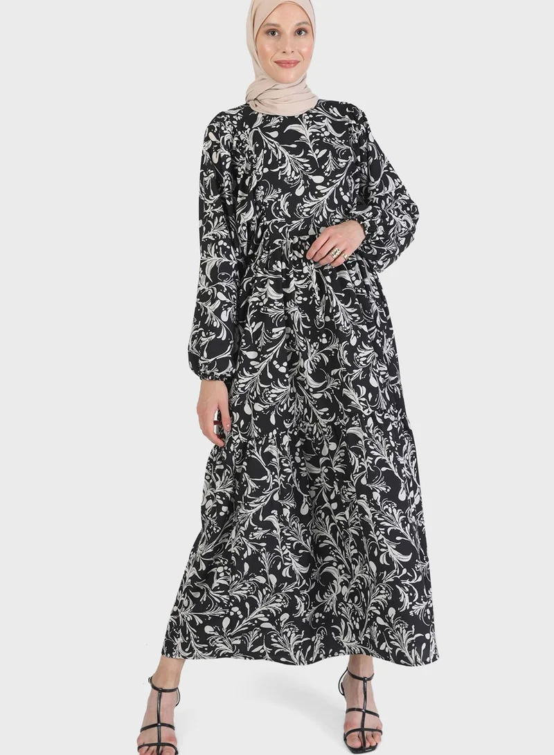 Refka by modanisa Balloon Sleeve Printed Dress