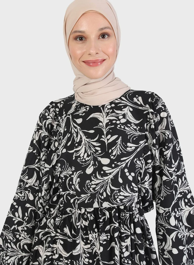 Refka by modanisa Balloon Sleeve Printed Dress