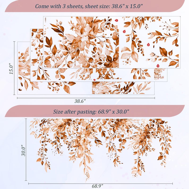 VePret Orange Plants Leaves Wall Decals Peel and Stick, Large Floral Flowers Vinyl Wall Stickers, Removable Vine Home Decor Art for Bedroom Living Room Classroom Office - Image 2