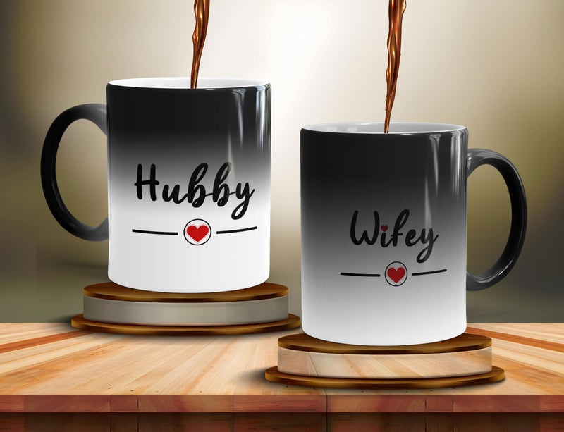 Gift Arcadia Ceramic Hubby Wifey Color Changing Coffee Mugs | Best Wedding Gift | Couple Gifts for Wedding| Valentine Gift |Gifts for Women | Set of 2 Coffee Mug | 330ml Multicolor (A312) - Image 1