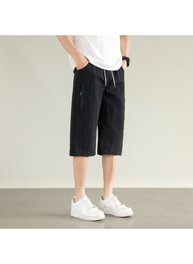 Foss Phil Men's Summer Ice Silk Thin Loose-fit Casual Pants Straight Quick-drying Seven-point Pants 0002 Black 2XL - Image 4