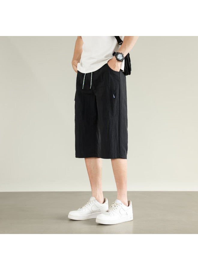 Foss Phil Men's Summer Ice Silk Thin Loose-fit Casual Pants Straight Quick-drying Seven-point Pants 0002 Black 2XL - Image 3