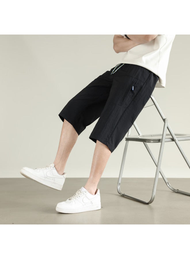 Foss Phil Men's Summer Ice Silk Thin Loose-fit Casual Pants Straight Quick-drying Seven-point Pants 0002 Black 2XL - Image 2
