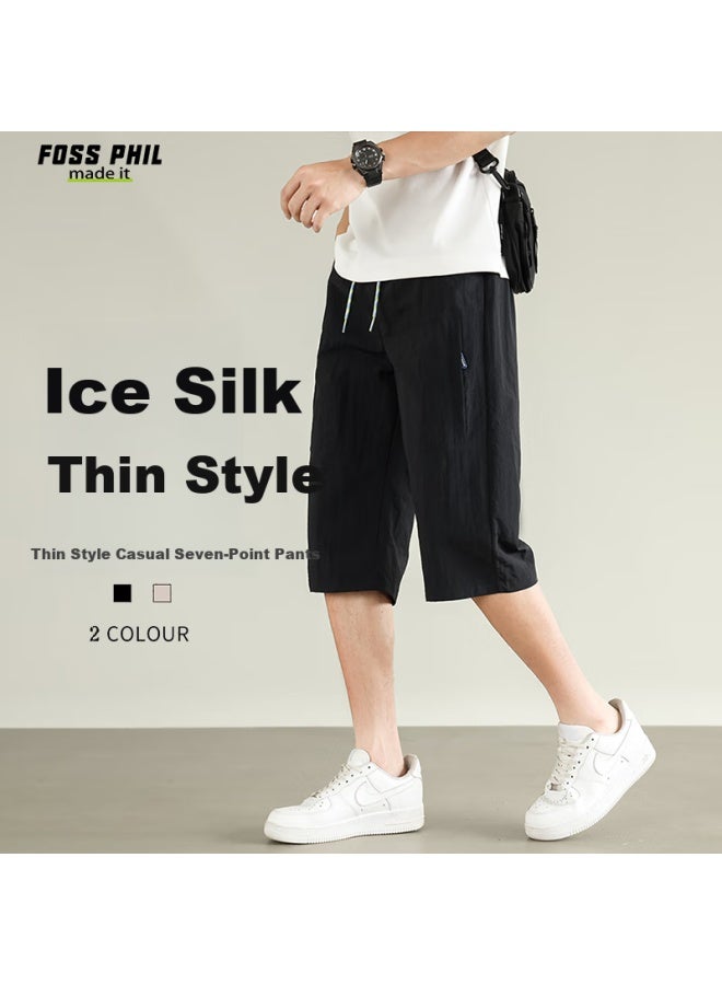Foss Phil Men's Summer Ice Silk Thin Loose-fit Casual Pants Straight Quick-drying Seven-point Pants 0002 Black 2XL - Image 1