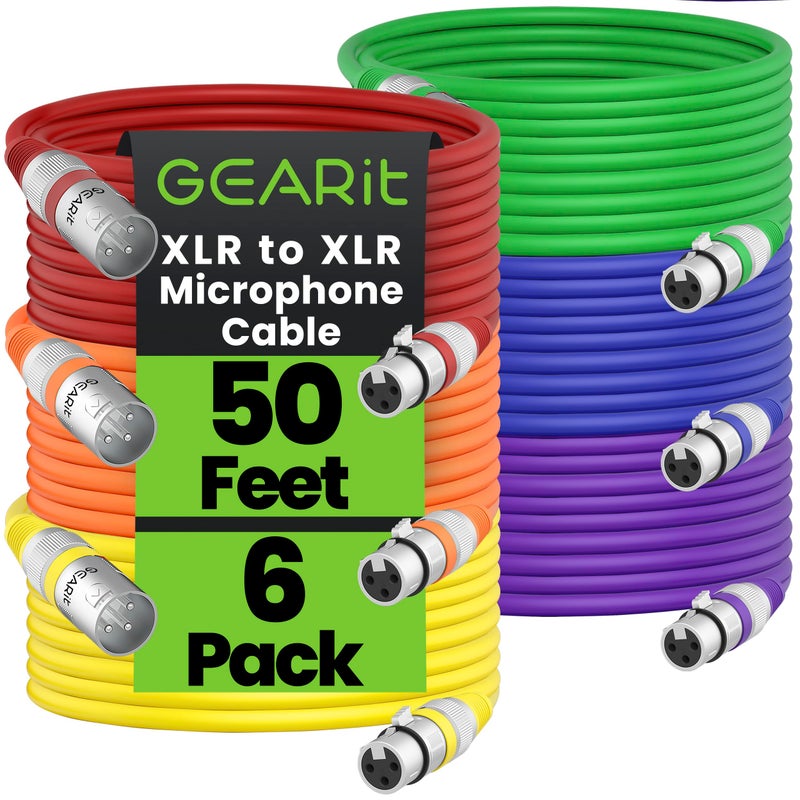 GEARit XLR Male to Female Microphone Cable (50 Feet, 6 Pack) 3-Pin Balanced Shielded Mixer, Recording Studio, Podcast - Multi Colored - Image 1