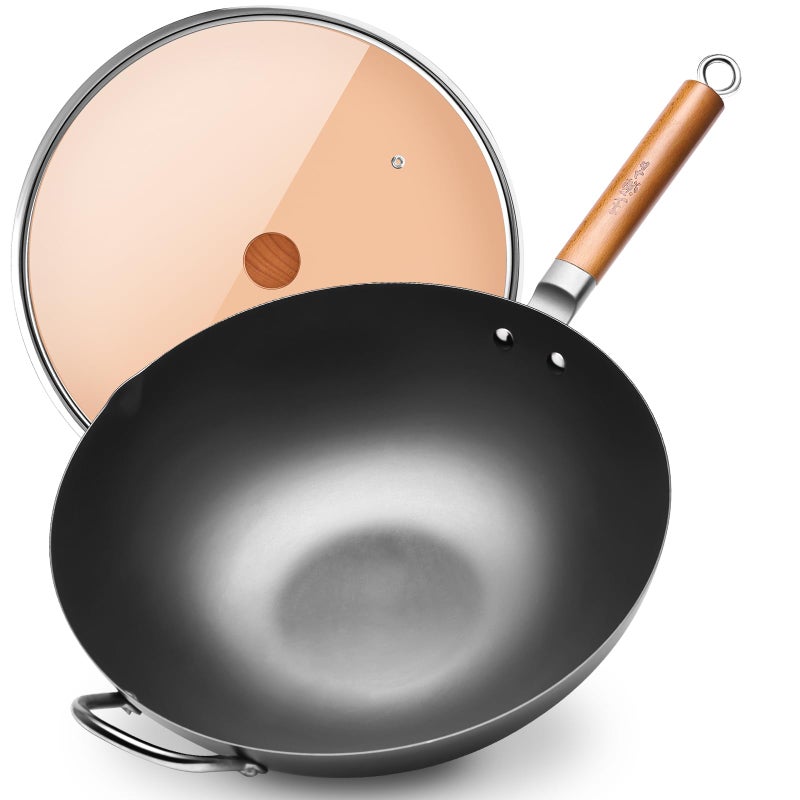 WANGYUANJI Iron Wok142 inch Woks for Stirfry Chinese Stir Fry Pan Uncoated Traditional Flat Bottom Iron Pot for Induction Electric Gas Suitable for All StovesPure Iron Wok