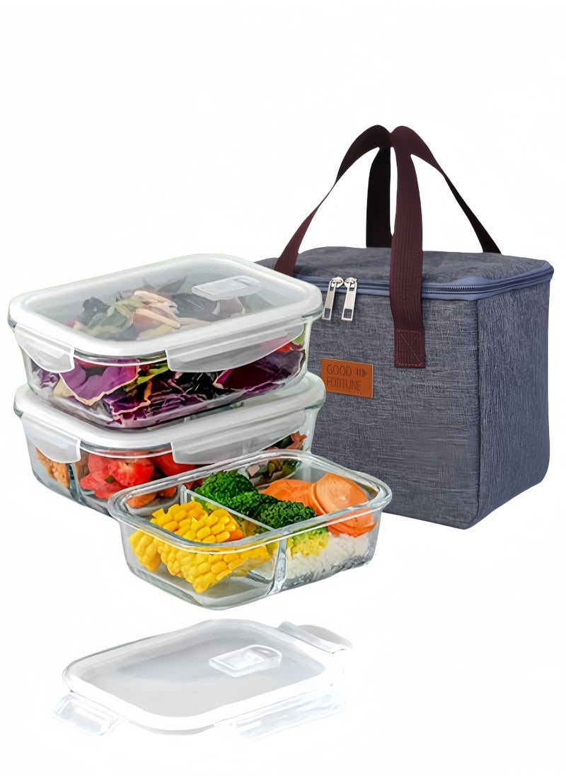 Browning - 3 Piece Large Capacity Microwave Heating High Borosilicate Food Grade Glass Lunch Boxes Glass Bowls Sealed Crisper Box ,Lunch Boxes Office,Lunch Boxes School,1040ml, 1040ml, 640ml with Insulation Bag - Image 1