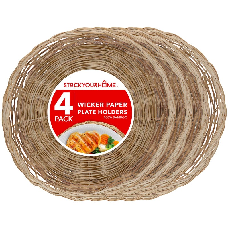 Stock Your Home Stock Your Home 10Inch Bamboo Paper Plate Holder 4 Count  Heavy Duty Wicker Reusable Natural Charger Plates