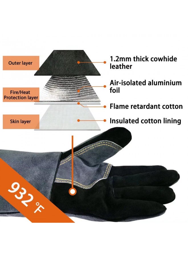 WZQH WZQH 14 Inches,932,Leather Forge Welding Gloves medium, Heat/Fire Resistant,Mitts for BBQ,Oven,Grill,Fireplace,Tig,Mig,Baking,Furnace,Stove,Pot Holder,Animal Handling Glove.Black-gray - Image 2