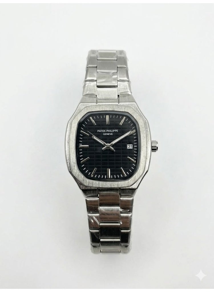 Men's Analog Watch, Nautilus-Style, Silver Stainless Steel with Black Textured Dial