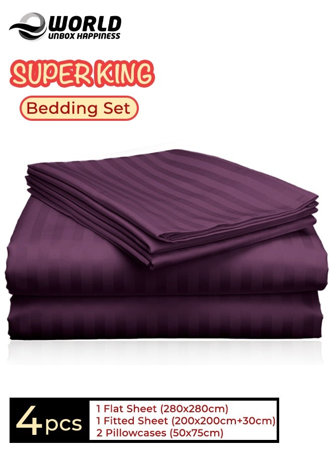 Eworld 4-Piece Luxury Super King Purple Striped Bedding Set (Flat Sheet 280×280 cm, Fitted Sheet 200×200+30 cm, 2 Pillowcases 50×75 cm) – Premium Microfiber, Hotel-Style Comfort - Image 1