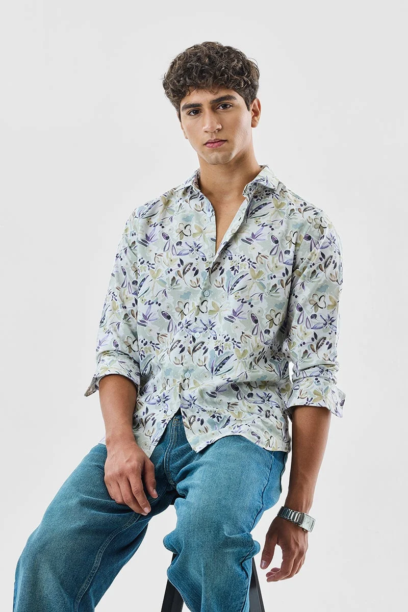 سنيتش Light Green Floral Long Sleeve Slim Fit Shirt