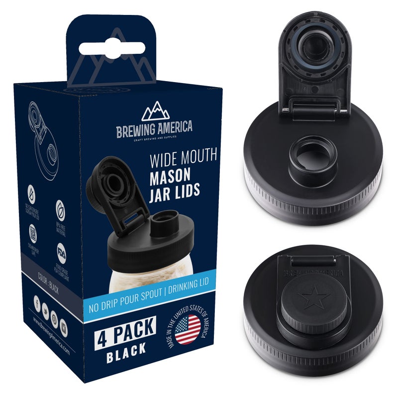 Mason Jar Lids Wide Mouth Plastic 4 packUSA MadeFlip Cap Screw Top Pour Spout Drink Hole  Leakproof for Kerr and Ball Canning Jars  Airtight for Drinks to Go and Controlled Pouring  Black