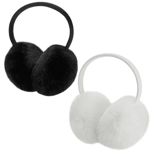 MADHOLLY 2 Pack Upgraded Adjustable Faux Fur Earmuffs- Soft Warm Ear Muffs for Winter Women Men- Ear Covers Ear Warmers for Most Adults (Black & White) - Image 1