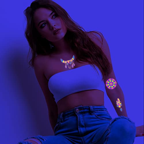 S.A.V.I Neon Temporary Tattoos, Glow UV Neon Body Face Skin Large Tattoo, Sun, Moon, Stars, Arrows, Tattoos Flash Fake Waterproof Tattoo Stickers for Women Men Girls Body Art, Size- 21x15CM - Image 2