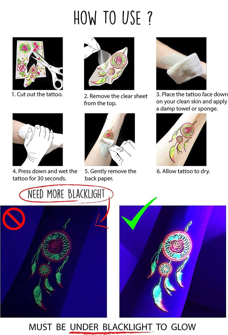 S.A.V.I Neon Temporary Tattoos, Glow UV Neon Body Face Skin Large Tattoo, Sun, Moon, Stars, Arrows, Tattoos Flash Fake Waterproof Tattoo Stickers for Women Men Girls Body Art, Size- 21x15CM - Image 3
