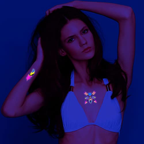 S.A.V.I Neon Temporary Tattoos, Glow UV Neon Body Face Skin Large Tattoo, Sun, Moon, Stars, Arrows, Tattoos Flash Fake Waterproof Tattoo Stickers for Women Men Girls Body Art, Size- 21x15CM - Image 4