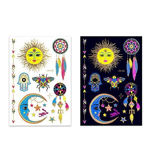 S.A.V.I Neon Temporary Tattoos, Glow UV Neon Body Face Skin Large Tattoo, Sun, Moon, Stars, Arrows, Tattoos Flash Fake Waterproof Tattoo Stickers for Women Men Girls Body Art, Size- 21x15CM - Image 1