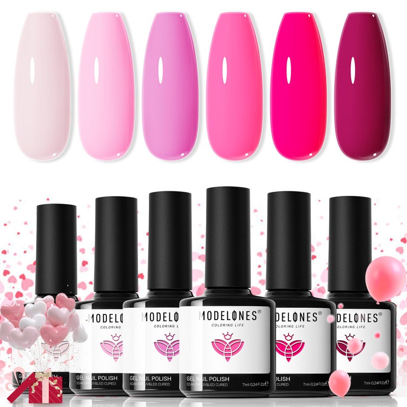 modelones Pink Gel Nail Polish Set 6 Colors, Christmas Hot Pink Tones Neon Pink White Gel Polish Magenta Light Soft to Dark 2025 All Seasons LED Nail Art for Nail Lovers Gift Salon DIY Starter Kit - Image 1
