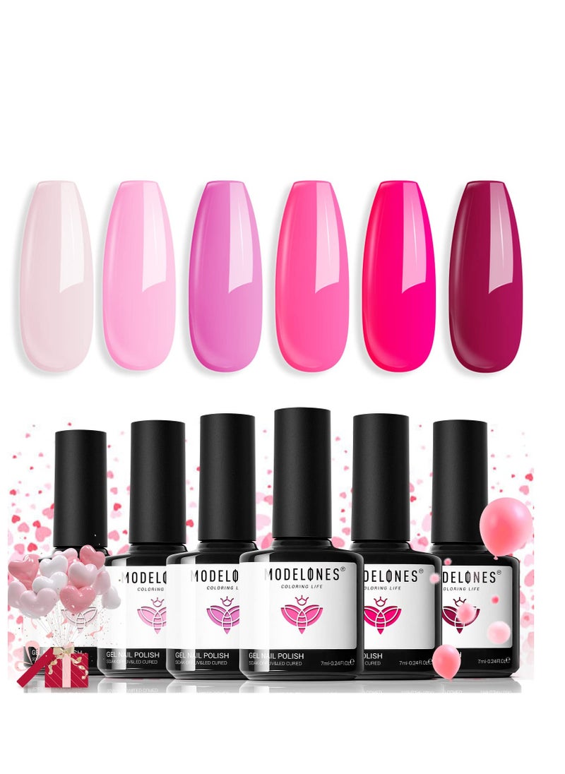 modelones - modelones Pink Gel Nail Polish Set 6 Colors, Hot Pink Tones Neon Pink Shades Magenta Light Soft to Dark Nail Art Design for Women Girl Nail Lovers Gift Salon DIY Summer Gel Manicure - Image 1