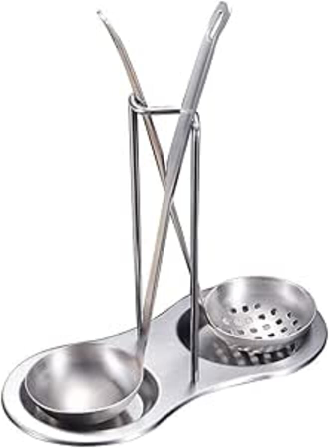 Happy Home Stainless Steel Standing Spoon Rest with two resting Dishes, Double Spoon Racks, Upright Ladle Holder, Silver