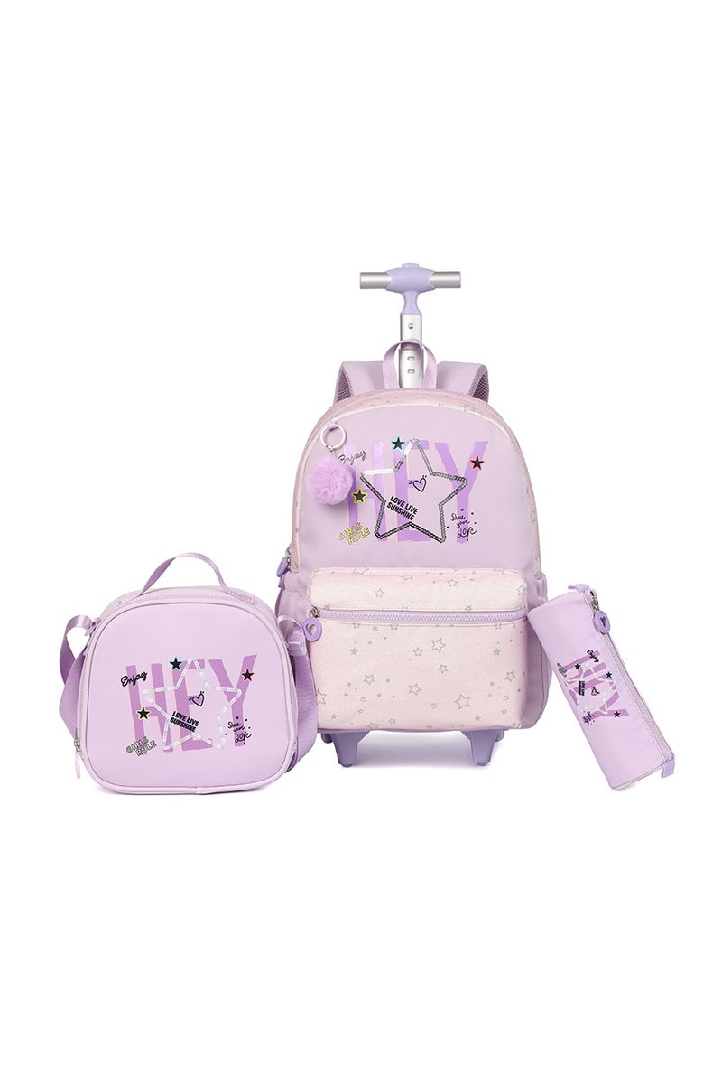Girls 3-Piece Trolley School Bag Set – Lavender Trolley Backpack with Star Print, Fluffy Keychain, Matching Lunch Bag & Pencil Case – Lightweight & Durable Wheeled Luggage for Kids, Primary School - Image 1