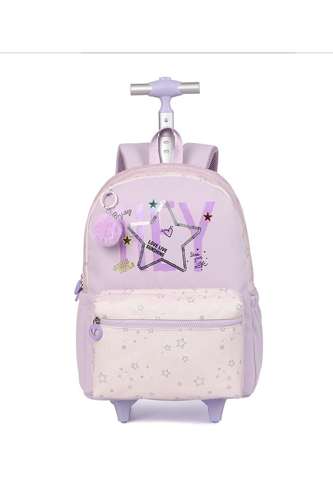 Girls 3-Piece Trolley School Bag Set – Lavender Trolley Backpack with Star Print, Fluffy Keychain, Matching Lunch Bag & Pencil Case – Lightweight & Durable Wheeled Luggage for Kids, Primary School - Image 2