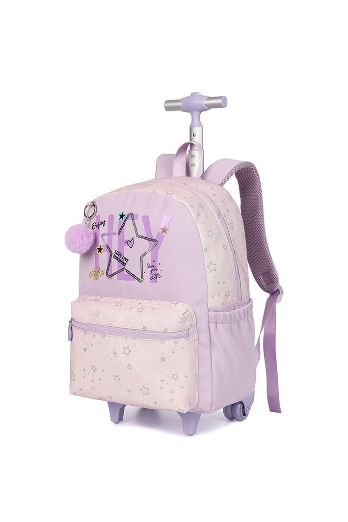 Girls 3-Piece Trolley School Bag Set – Lavender Trolley Backpack with Star Print, Fluffy Keychain, Matching Lunch Bag & Pencil Case – Lightweight & Durable Wheeled Luggage for Kids, Primary School - Image 3