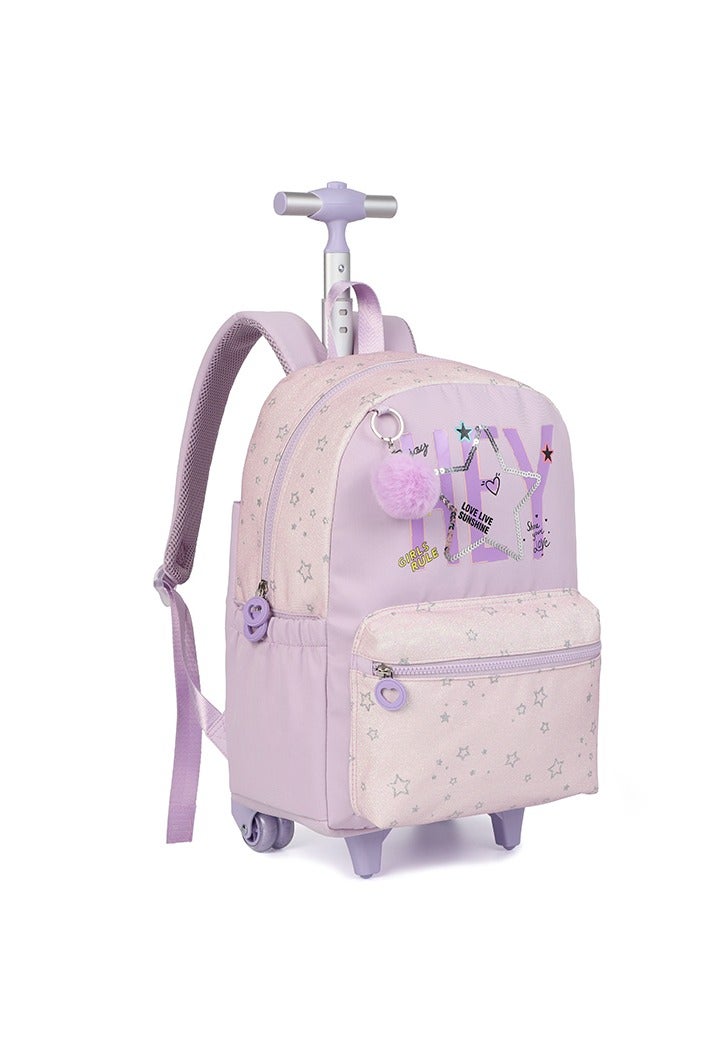Girls 3-Piece Trolley School Bag Set – Lavender Trolley Backpack with Star Print, Fluffy Keychain, Matching Lunch Bag & Pencil Case – Lightweight & Durable Wheeled Luggage for Kids, Primary School - Image 4