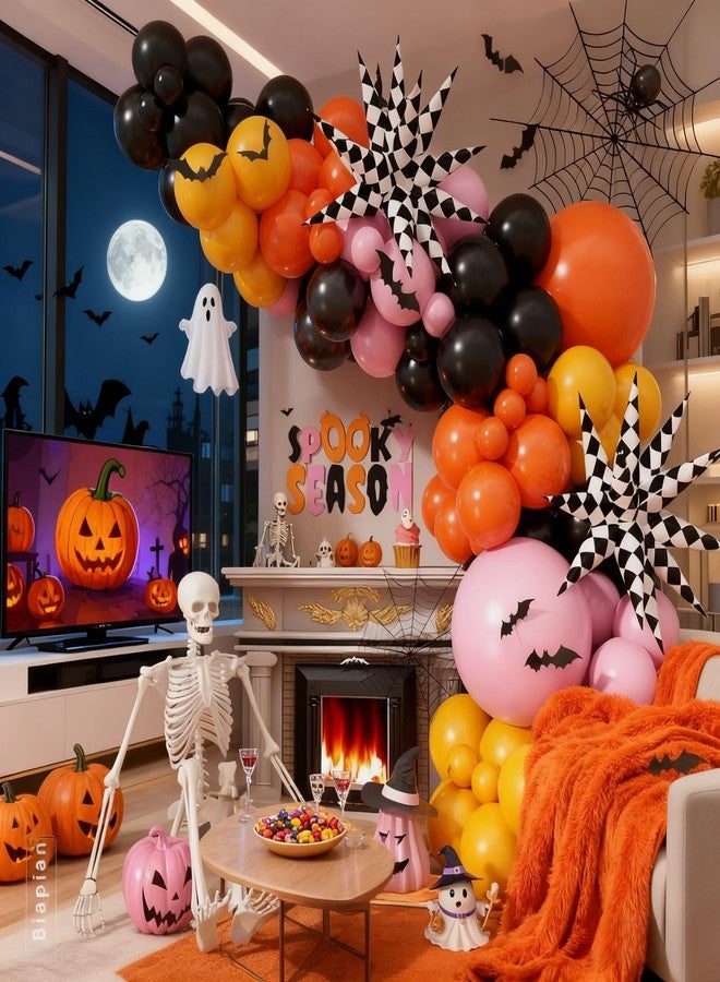 Biapian Halloween Balloon Arch Garland with Checkered Star Ghost Balloon Foil, Pink Orange Yellow Black Latex Balloons Helium For Girly Kids Cute Halloween Party Decorations Indoor Outdoor - Image 4