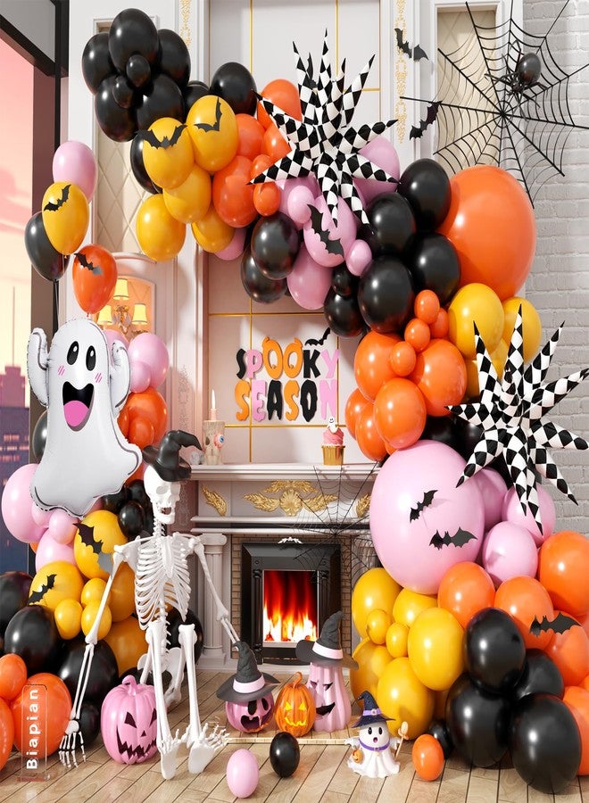 Biapian Halloween Balloon Arch Garland with Checkered Star Ghost Balloon Foil, Pink Orange Yellow Black Latex Balloons Helium For Girly Kids Cute Halloween Party Decorations Indoor Outdoor - Image 1