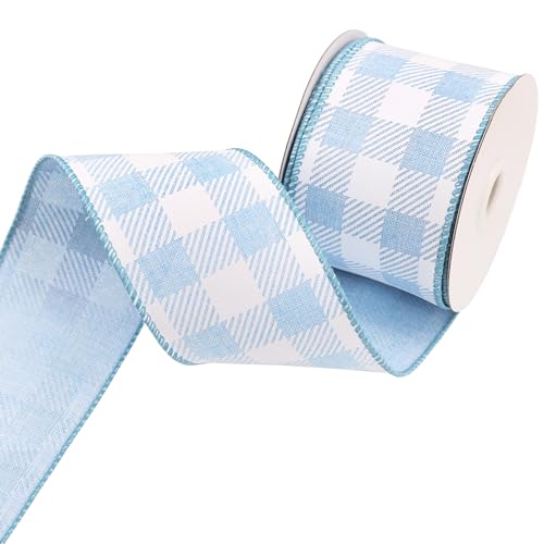 BAORJCT 2.5 Inch Wired Edge Burlap Ribbon, Blue Gingham Plaid Checked Ribbons, Easter Ribbons Summer Spring Wired Ribbon,for Gift Wrapping, Wreath, Crafts Home Decoration, Easter Decor (10yds) - Image 1