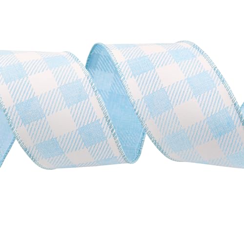 BAORJCT 2.5 Inch Wired Edge Burlap Ribbon, Blue Gingham Plaid Checked Ribbons, Easter Ribbons Summer Spring Wired Ribbon,for Gift Wrapping, Wreath, Crafts Home Decoration, Easter Decor (10yds) - Image 3